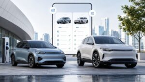 Zwei Elektroautos und eine Liste mit Vorteilen